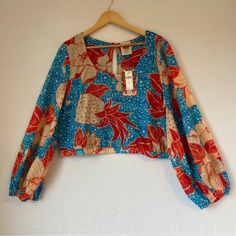 FARM Rio Blue Floral Puff-Sleeve Blouse with Red & Cream Accents - Picture 4 of 14